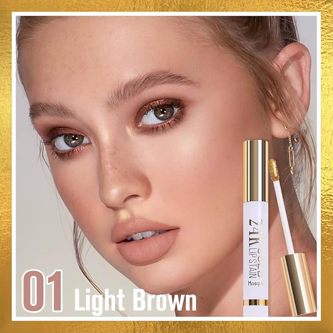 Light Brown Liquid Matte Lip Liner Stain Peel Off with Tweezer, Long Lasting, Waterproof New Gold Matte Lipstick Lip Gloss Tattoo for Women, Smudge-proof Non-Stick Cup Lip Tint Makeup 01#