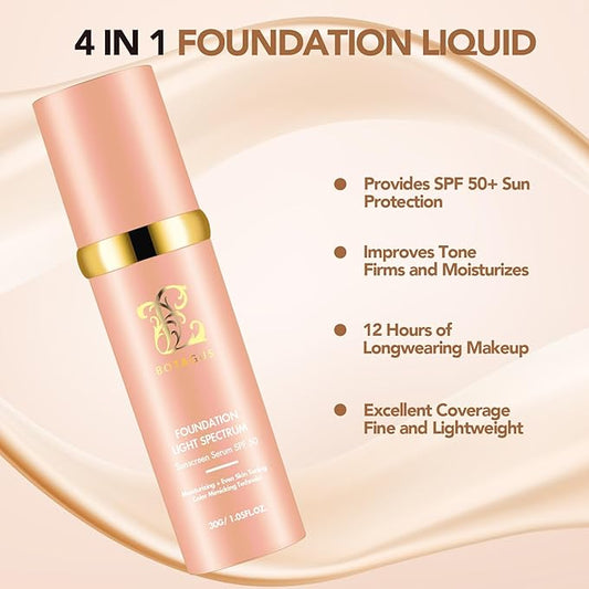Foundation 4 in 1-Light Spectrum,4 in 1 Foundation Liquid, Protecting from Sun with SPF50 for Gym, Sports, Dancing Concealer Cosmetic Lightweight,Longwearing & Waterproof for Makeup (2 Pack)