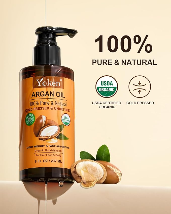 Yoken Argan Oil for Hair, Pure and Natural Morocco Argan Oil, Argon Oil For Hair, Scalp, Face & Skin Care, 100% Cold Pressed Hair Conditioner, Unrefined Argon Nails Carrier Oil (8 Fl Oz)