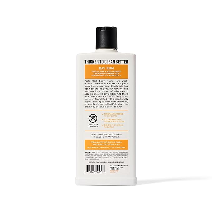 Duke Cannon Supply Co. Thick High Viscosity Body Wash - 3X Thicker, Cleansing Shower and Bath Gel, Mineral-Enriched Body Wash for Men - Island Spice And Golden Rum - Mens Body Scrub - Bay Rum (18 oz)