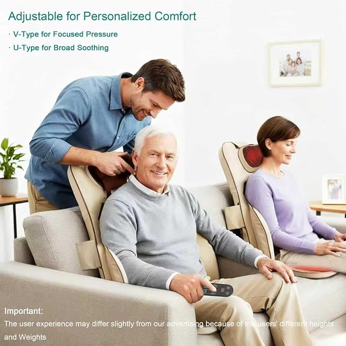 Shiatsu Neck Back Massager Chair Pad w/Heat - Full-Back Kneading, Rolling - Adjustable Neck Height & Intensity - Relieve Fatigue and Relax Muscle Tissue