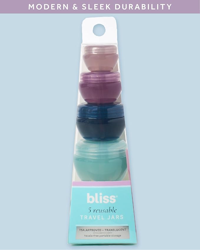 Bliss Travel Containers - 5 Pack Leak Proof Tapered Jar Set with Lid and Spatula - Small Travel Containers for Creams, Lotions, Vitamins, and Small Jewelry, Multi