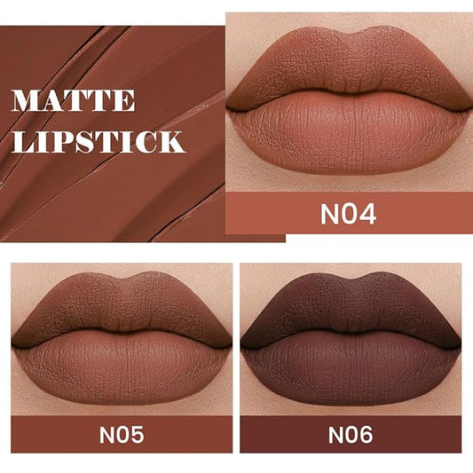 evpct 3Pcs Dark Deep Orange Brown Coffee Nude Matte Lipstick Sets for Women 24 Hour Matt Matte Lipstick Long Lasting Waterproof and Smudge Proof Fall Color Lipstick Shades Dark Brown Lip Liner Set 02