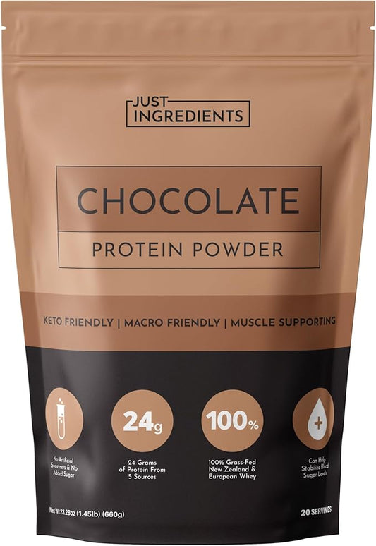 JUST INGREDIENTS Chocolate Protein Powder – 20-Serving Blend with 100% Grass-Fed Whey & Organic Plant Proteins – Rich Cocoa Flavor – Supports Muscle Recovery, Energy*