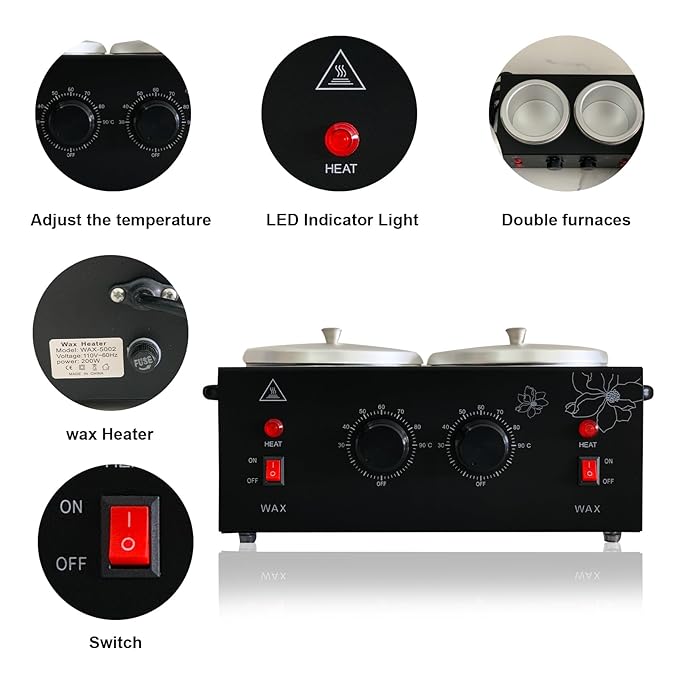 Black Double Pots Wax Warmer Professional Melted Wax Beads for Hair Removal,Fast Electric Wax Heater with Adjustable Temperature Set for Women (Black-Double Pots)