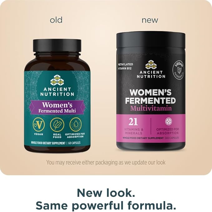 Ancient Nutrition Multivitamin for Women, Women's Fermented Multivitamin with Vitamin C, D, K, Zinc & Magnesium, Immune Support, Vegan, 60 Ct