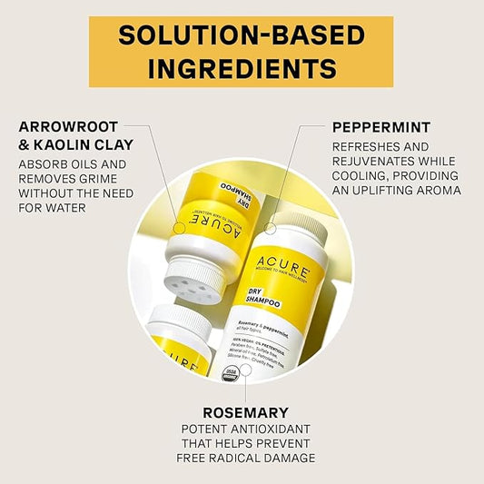 Acure Dry Shampoo - Mini Powder Dry Shampoo for Women with Blonde & Dark Hair, Care to Refresh Treated Color Tinted Hair with Rosemary & Peppermint, Non Aerosol, Vegan - 1.7 oz Travel Size (2 Pack)