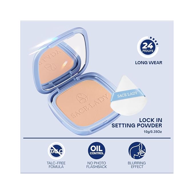 SACE LADY Face Powder Waterproof Setting Makeup, Oil Control Pressed Powder Compact for Women, Blurring Pores Matte Long Lasting Up to 24 Hours, Talc-Free and Cruelty-Free (#02 Neutral, 0.35Oz)