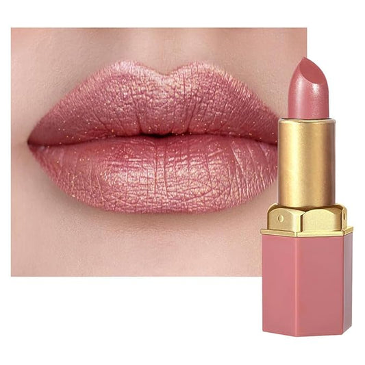 Nude Metallic Lipstick Lip Gloss for Women,Lightweight Shimmer Frosted Long Lasting Lipstick,Glitter Lip Stain Waterproof Smudge Proof 24 Hour Full Coverage Lip Makeup,Vegan