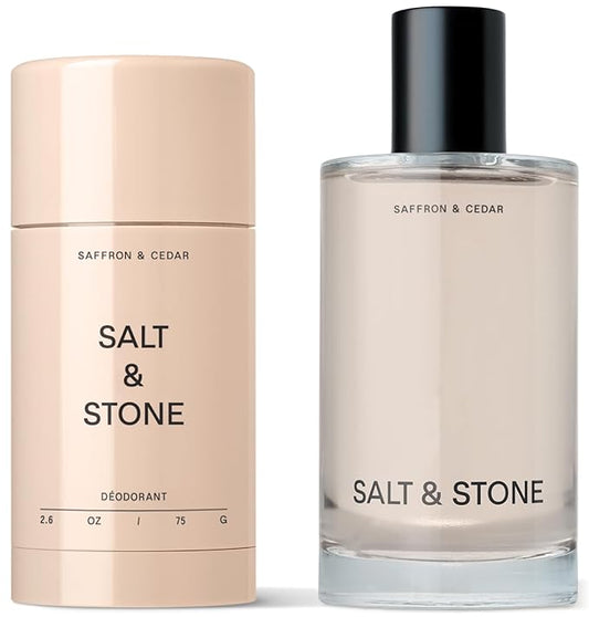 Salt & Stone Signature Scent Duo Set | 48 Hour Aluminum-Free Deodorant & Hydrating Body Mist | Skincare-Infused Deodorant & Body Spray | Saffron & Cedar