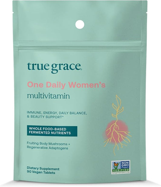 True Grace One Daily Women’s Multivitamin Fermented Minerals, Organic Adaptogens & Mushrooms Whole Body Balance, Immune, Energy, Beauty Support - Non-GMO, Gluten Free, Soy Free - 90 Vegan Tablets