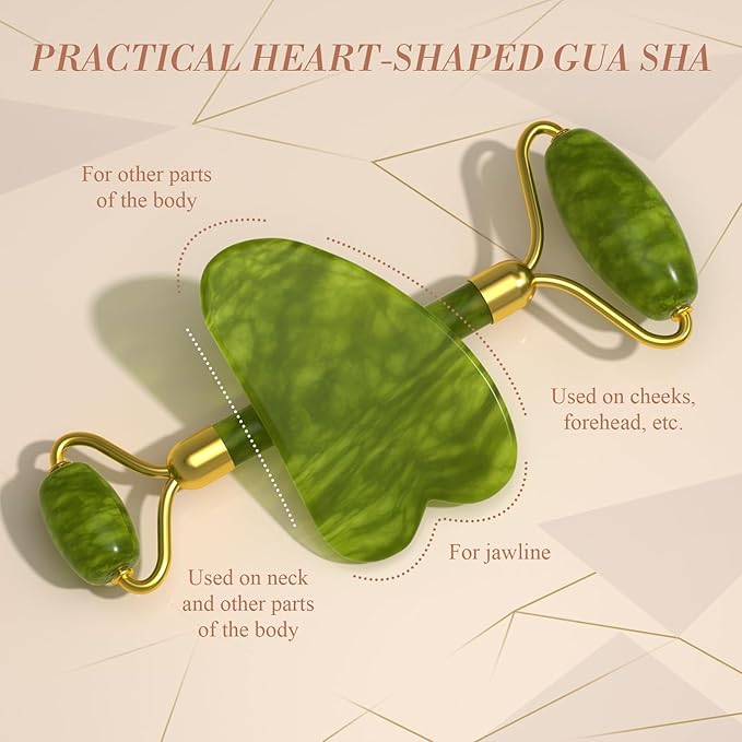 Jade Roller Gua Sha Set - Facial Skin Care Set, Facial Beauty Tools, Natural Beauty Skin Care Tools, Face Roller Massager for Face, Neck, and Eye Treatment,Gua Sha Facial Massager (Green)