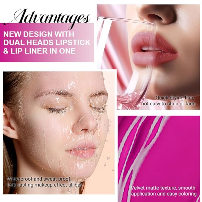 1Pcs 2 in 1 Hot Pink Matte Lip Liner and Liquid Lipstick Stain Makeup Set for women, Hot Pink Long Lasting Smudge Proof Lip Tint Matte Finish Lip Gloss for All-Day Color Hold Easy to Use 59#