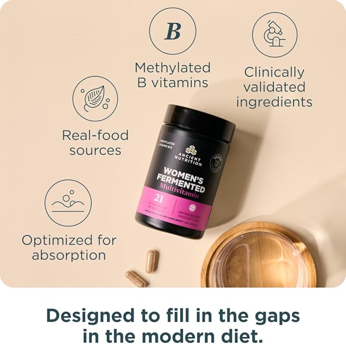 Ancient Nutrition Multivitamin for Women, Women's Fermented Multivitamin with Vitamin C, D, K, Zinc & Magnesium, Immune Support, Vegan, 60 Ct