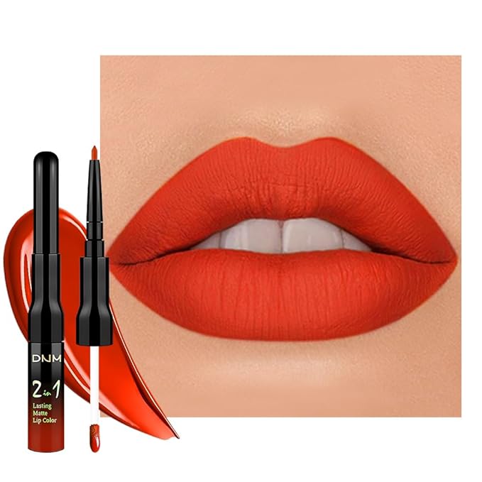 1Pcs 2 in 1 Orange Red Matte Lip Liner and Liquid Lipstick Stain Makeup Set for women, Orange Red Long Lasting Smudge Proof Lip Tint Matte Finish Lip Gloss for All-Day Color Hold Easy to Use 54#