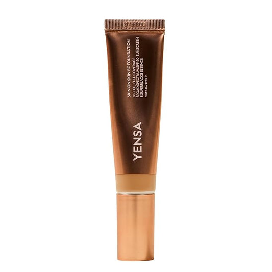 YENSA Skin on Skin BC Foundation Makeup - CC, BB Cream & Full Coverage Foundation-In-One - Buildable, Radiant Finish with SPF 40, Hyaluronic Acid, Peptides & 8 SuperBlacks - Tan Warm (1 oz)