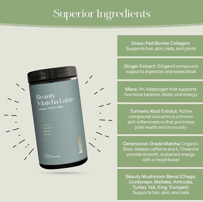 Kroma’s Beauty Matcha Latte Powder 17.75 Oz, 503g, 60 Servings – Collagen Ceremonial Grade Matcha Green Tea with Protein for Glowing Skin & Hair Support w/Bovine Collagen, w/Ginger, Turmeric & Adaptogenic Mushrooms