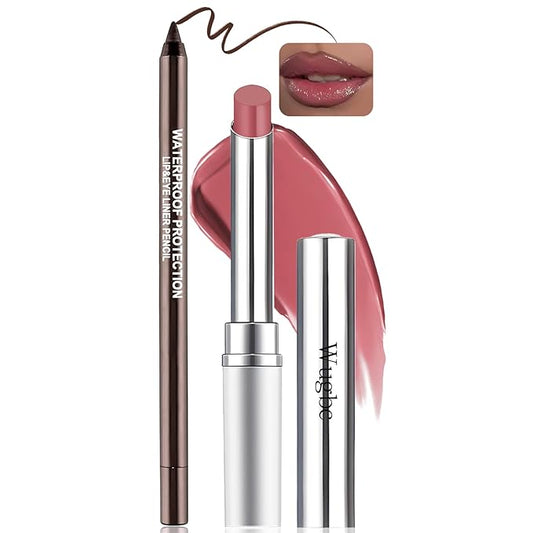 Tinted Lip Balm Brown Lip Liner Kit, Moisturizing High Shine Lip Liner and Lipstick Combo Set Lightweight Non-Sticky Pink Lip Care Balm for Dry Lips All Skin Tones