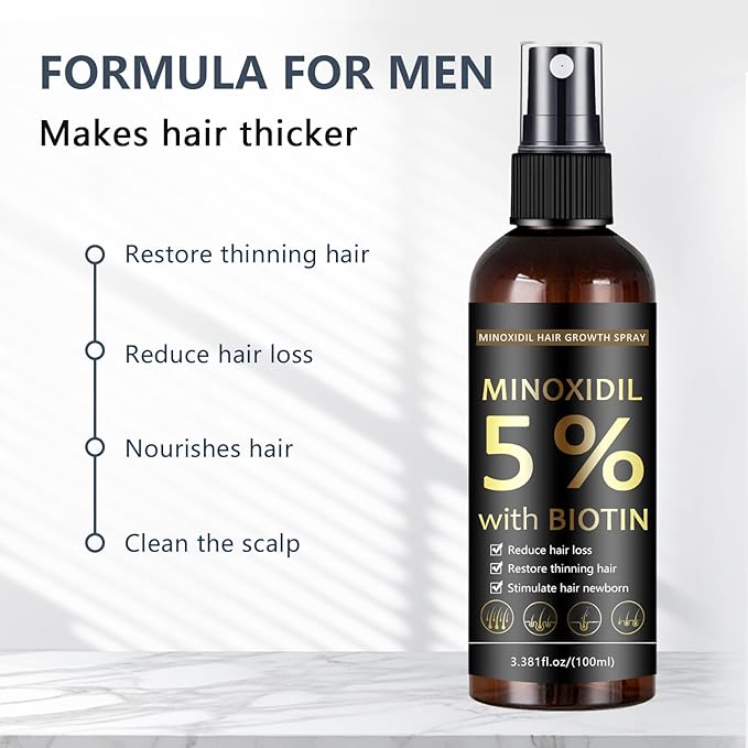 5% Minoxidil Hair & Beard Growth Spray with Biotin for Men & Women, Hair Regrowth, Treatment for Hair Loss & Thinning, for Stronger Thicker Fuller Healthier Hair, for All Hair Types, 3.38 oz