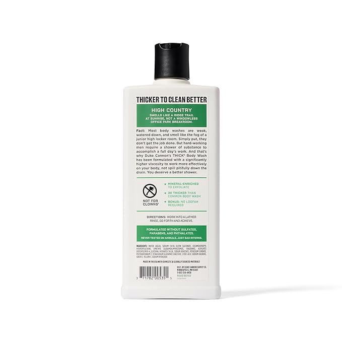 Duke Cannon Supply Co. Mens THICK Body Wash - Free of Sulfate, Paraben, & Phthalates Leaving Skin Soft and Hydrated - High Viscosity Odor Protection - Long Lasting Freshness - High Country (18oz)