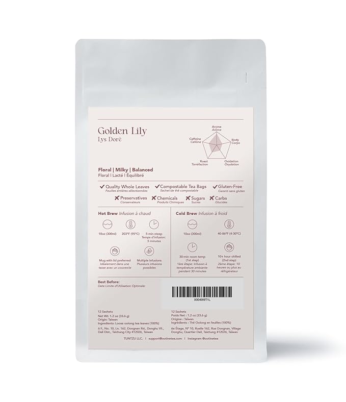 OOTINE, Golden Lily Taiwan Oolong Tea (12 Pyramid Sachets) | Floral and Milky Notes, Lightly Oxidized for A Taste Closer to Green/White Tea | Hand-Picked Quality Whole Leaves in Plant-Based Sachets | Perfect for After-Meal Digestion | Multiple Infusions