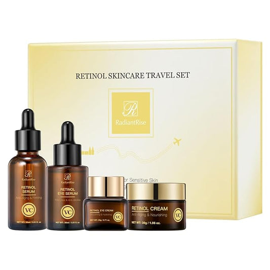 Retinol Skincare Travel Kit - Mini Facial Care Set,Travel Skincare Set with Essence, Cream & Eye Treatment | Hydrating Age-Defying Routine, Vacation-Ready Skincare Gifts