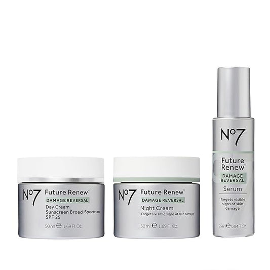No7 Future Renew Damage Reversal Skincare Set - Anti Aging Face Serum (.33 Fl Oz), Day Cream with SPF 25 (1.69 Fl Oz) & Night Cream (1.69 Fl Oz) - Reverses Visible Signs of Sun Damage - 3-Piece Set