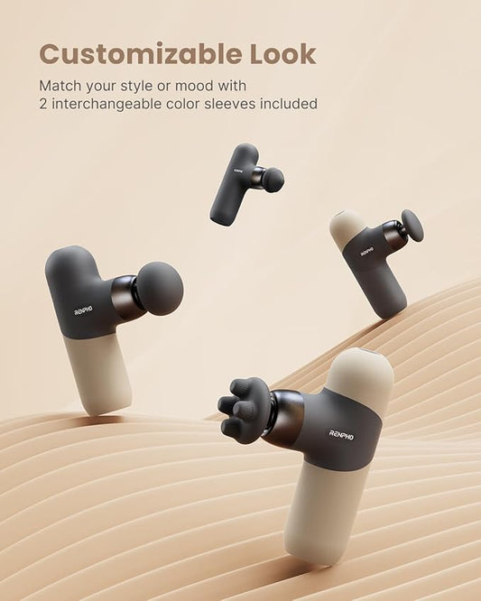 RENPHO Mini Thermal Massage Gun with Heat, Portable Deep Tissue Percussion Massager, Color Silicone Sleeves Travel Size with Carry Case, Grey