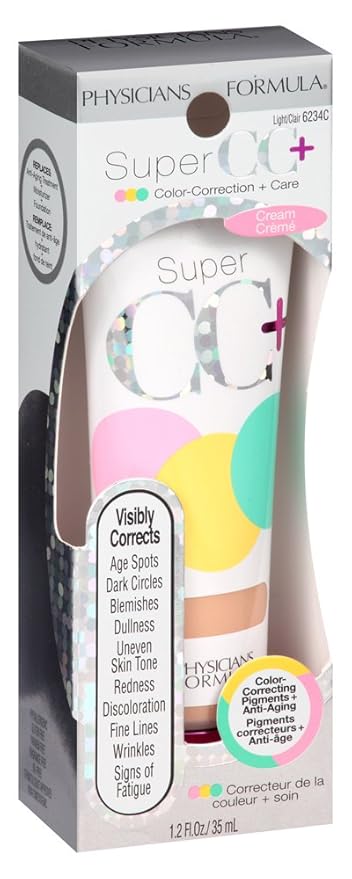 Physicians Formula Super CC+ Cream Color-Correction + Care Cream Full Coverage Foundation, Anti Aging Hydrating Serum, For Uneven Skin Tone, Dermatologist Approved, Light