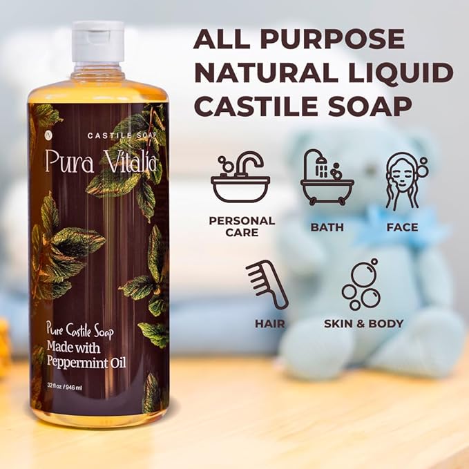 Peppermint Organic Castile Soap | Body Wash & Cleanser for Face & Hands | Biodegradable, Eco-Friendly, Palm Oil Free, Vegan & Gentle | Made with 6 Natural Ingredients - 32 oz