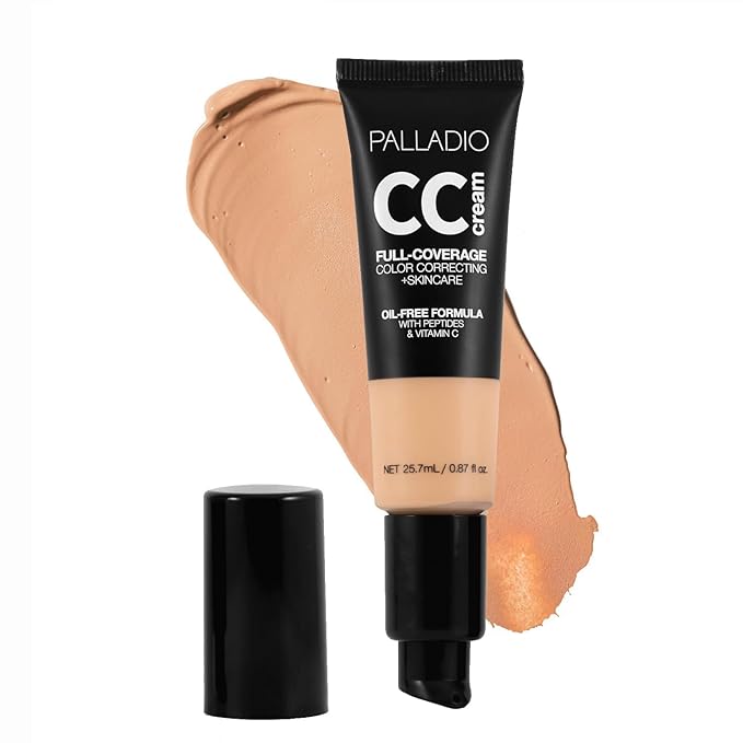 Palladio Full-Coverage Color Correction CC Cream, Oil-Free with Peptides & Vitamin C, Best for Correcting Redness and Uneven Skin Tone, Buildable Foundation Coverage (Med 32W)