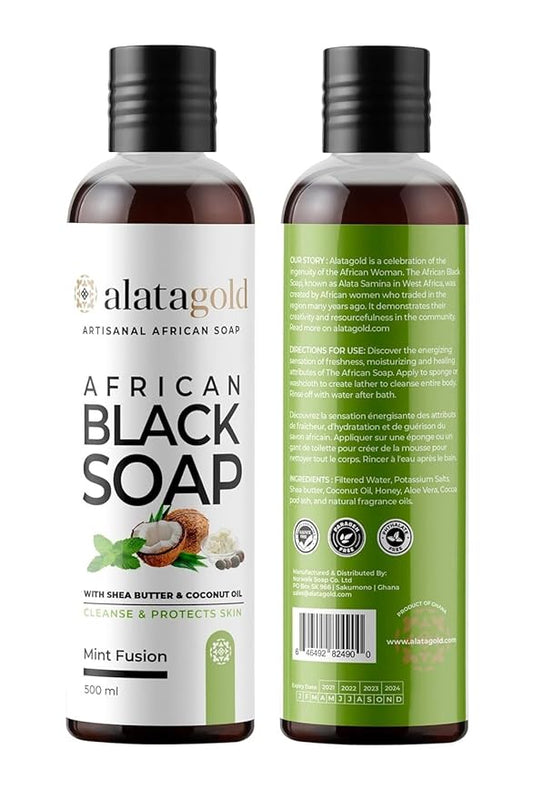 African Black Soap Liquid Body Wash (Pack of 2) – Moisturizing Black African Soap with Shea Butter, Aloe, Honey & Coconut Oil – Deep Cleansing & Hydrating – 16.9 oz (Mint Scent)