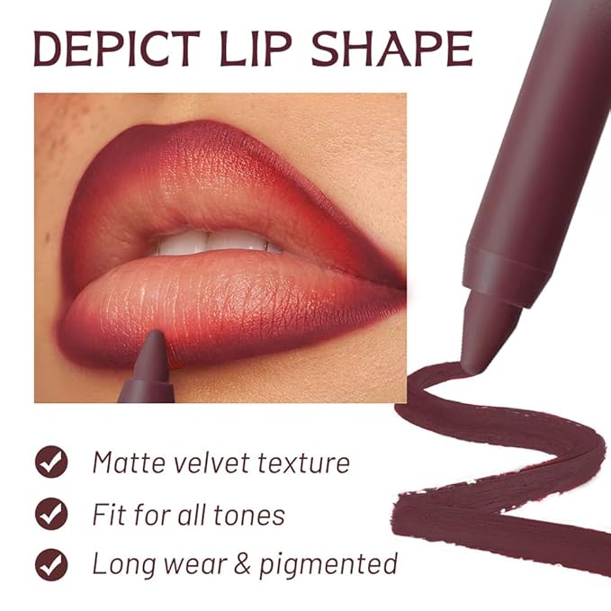 Wine Berry Matte Lip Liner Pencil – Smooth & Moisturizing Lip Pencil for Precise Contour, Rich Color Payoff, Lightweight Everyday Lip Makeup, Twist-Up Design,06#