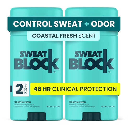 SweatBlock Clinical Strength Deodorant and Antiperspirant for Men and Women Coastal Fresh Scent 2 Pack 48 Hour Protection Against Odor and Excessive Sweat Ideal for Active Lifestyles and Daily Use