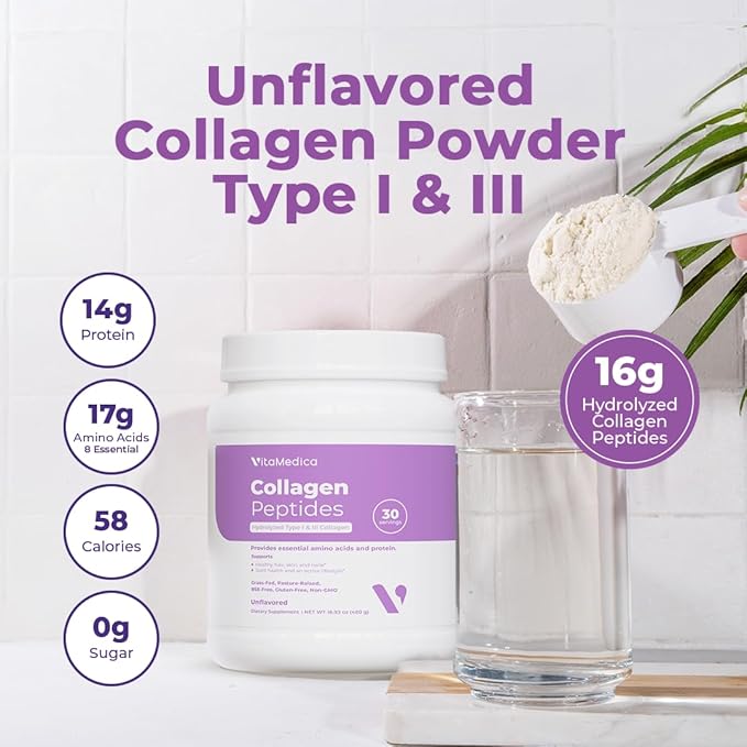 VitaMedica Collagen Peptides Powder for Women & Men - Healthy Hair, Skin, Nails, Bones and Joints - Hydrolyzed Types I & III, Grass-Fed, Pasture-Raised Protein, Zero Sugar - Pack of 2
