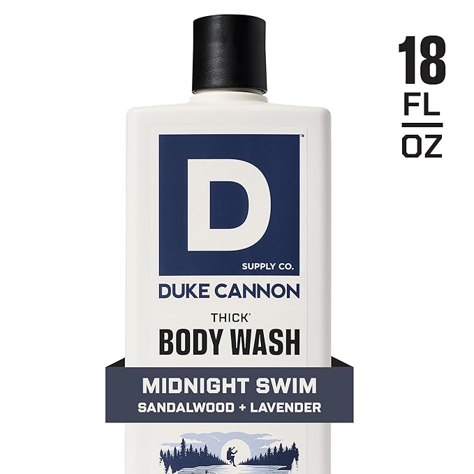 Duke Cannon Supply Co. Thick High Viscosity Body Wash - 3X Thicker, Cleansing Shower and Bath Gel, Mineral-Enriched Body Wash for Men - Sandalwood + Lavender - Mens Body Scrub - Midnight Swim (18 oz)