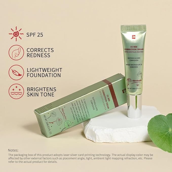 Color Correcting CC Cream with SPF 25, Coverage Lightweight Foundation, Invisible Pores,Rich In Centella Asiatic,Hydrating Serum,Refine Skin Texture, Avoid Sun Damage (Green, Green)