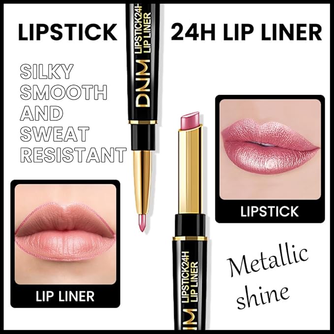 evpct 1Pcs Light Pink Pale-Pink Metallic Shine Shimmer Lip Liner and Lipstick Combo Set Kit for Women, Lightweight Hydrating Formula High Impact Full Coverage Lipstick and Lip Liner Makeup Gloss