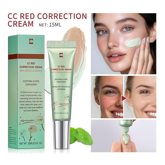 Color Correcting CC Cream with SPF 25, Coverage Lightweight Foundation, Invisible Pores,Rich In Centella Asiatic,Hydrating Serum,Refine Skin Texture, Avoid Sun Damage (Green, Green)