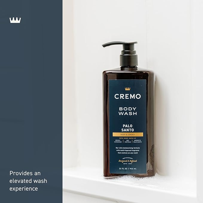 Cremo Rich-Lathering Palo Santo Body Wash for Men, Notes of Bright Cardamom, Dry Papyrus and Aromatic Palo Santo, 32 Fl Oz