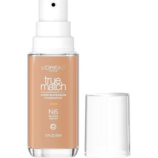 L'Oreal Paris True Match Super-Blendable Foundation, Medium Coverage Liquid Foundation Makeup, N6, Medium, 1 Fl Oz