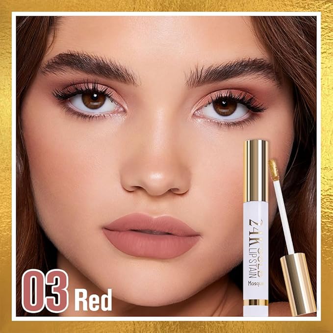 Ruby Red Liquid Matte Lip Liner Stain Peel Off with Tweezer, Long Lasting, Waterproof New Gold Matte Lipstick Lip Gloss Tattoo for Women, Smudge-proof Non-Stick Cup Lip Tint Makeup 03#