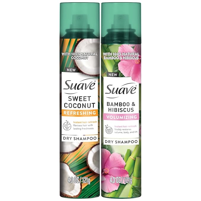 Suave Dry Shampoo Spray Variety 2-Pack – Volumizing Bamboo & Hibiscus, Refreshing Sweet Coconut, 4.3 Oz Ea