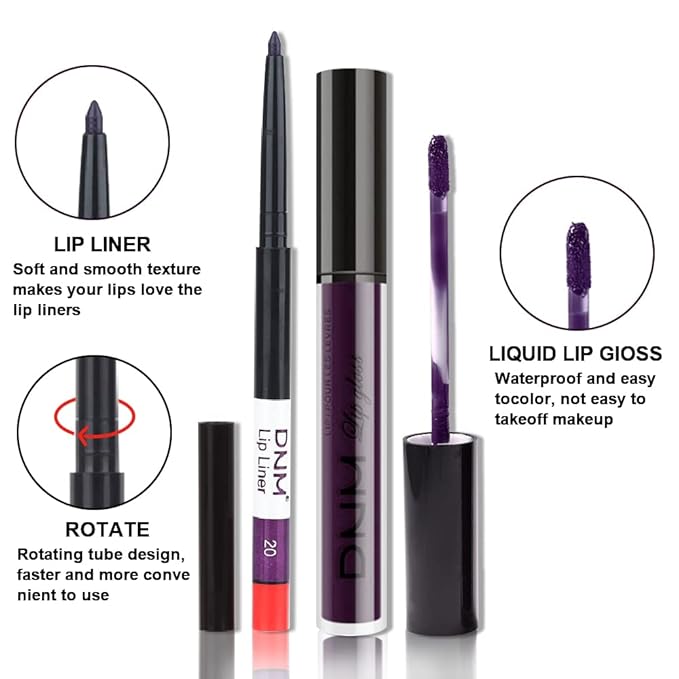 Amy's Diary 2Pcs Dark Purple Lip Liner and Lipstick Matte Makeup Set, Darkest Eggplant Plum 24H With Liner Set, Matt Liquid Long Lasting Mate Dark Berry (#20)