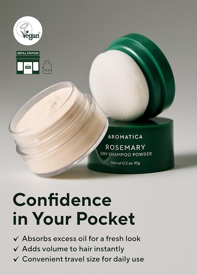 AROMATICA Rosemary Dry Shampoo Powder - Travel Size Dry Shampoo with Panthenol and Biotin for Hair | Volumizing, Non Aerosol & Talc Free, Korean hair care, dry shampoo for women (10g/0.3oz)