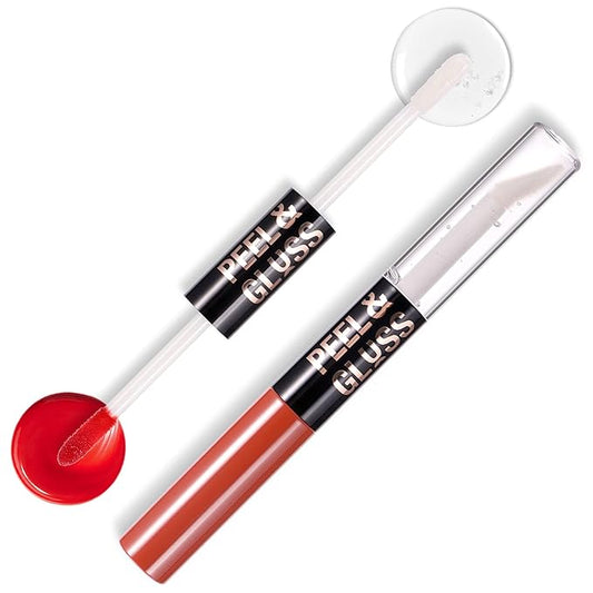 Liquid Lipstick with Clear Lip oil, Dual-Ended Peel-Off Lip Gloss, Long-Lasting Water-proof Lip Gloss (Rose)