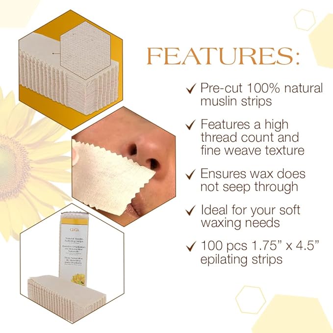 GiGi Waxing Strips for Hair Waxing/Hair Removal, Small Natural Muslin, 100 Epilating Strips