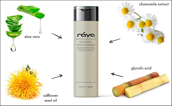 Raya Glycolic Mud Facial Cleanser with AHA 8 oz (G-103) | Exfoliating pH Balanced Facial Cleansing Fluid for Non Sensitive, Dry and Combination Skin | Made with Alpha Hydroxy Acid and Volcanic Mud