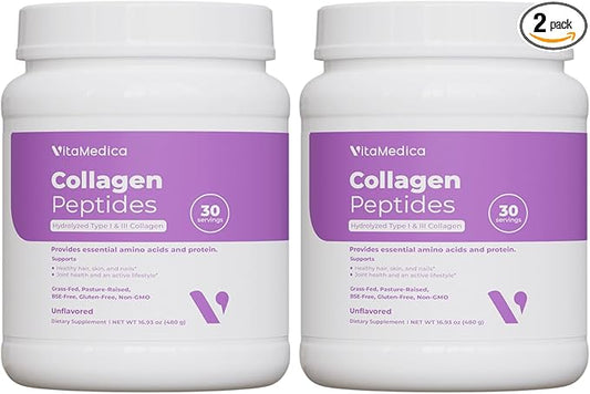 VitaMedica Collagen Peptides Powder for Women & Men - Healthy Hair, Skin, Nails, Bones and Joints - Hydrolyzed Types I & III, Grass-Fed, Pasture-Raised Protein, Zero Sugar - Pack of 2