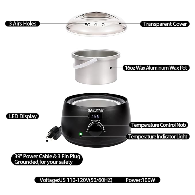 SAEUYVB Professional Digital Wax Warmer with Lid and 16oz Pot for Hair Removal (Black)